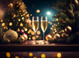 Poster - Two champagne flutes filled with sparkling wine sit on a table with festive Christmas tree branches and ornaments in the background.
