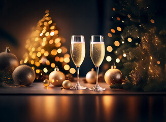 Poster - Two champagne flutes sit in front of two decorated Christmas trees, with golden ornaments scattered around them.