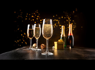 Poster - Three champagne flutes filled with sparkling wine on a dark wooden table with two bottles of champagne, a golden gift box, and  twinkling lights in the background.