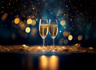 Poster - Two champagne flutes filled to the brim stand on a surface covered with glitter.  The background is a blurred blue and gold bokeh.