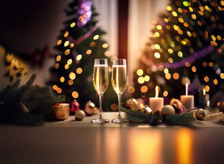 Poster - Two champagne glasses sit on a table in front of Christmas decorations and lit candles.