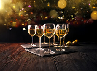 Fototapete - A group of champagne flutes sit on a rustic wooden table with a celebratory gold background.