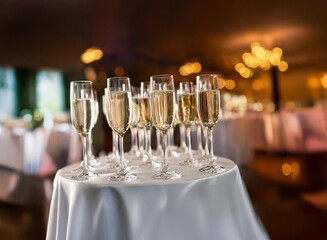 Poster - A white tablecloth-covered table holds a row of champagne flutes filled with sparkling wine. The flutes are arranged in a neat row, with the glasses reflecting the warm, ambient light. The background 
