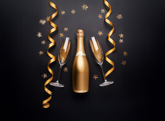 Poster - A gold champagne bottle, two champagne flutes, and gold confetti and ribbon on a black background.