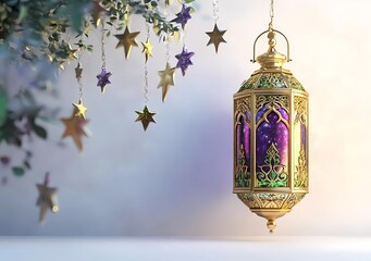 Poster - 3D render of a golden Ramadan lantern with purple and green colors hanging on a white background, decorated with stars hanging from the top left corner. 