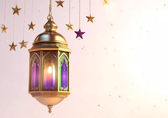 Poster - 3D render of a golden Ramadan lantern with purple and green colors hanging on a white background, decorated with stars hanging from the top left corner. 