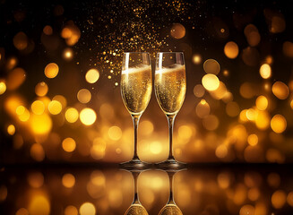 Poster - Two champagne flutes with sparkling wine against a warm bokeh background.