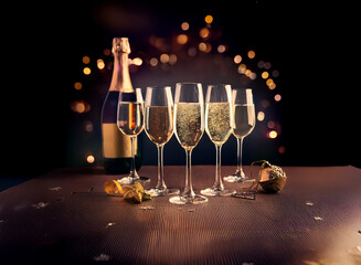 Fototapete - A bottle of champagne and five flutes filled with bubbly on a dark table with golden lights.