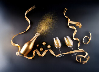 Poster - A gold champagne bottle with a golden ribbon and two champagne flutes on a black background.