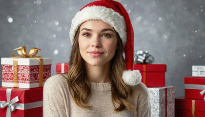 Young happy Caucasian woman in Christmas Santa hat against background of gift boxes in white and red boxes.