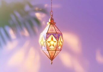 Poster - 3D rendering of a hanging Ramadan lantern with star decoration on a purple and white background