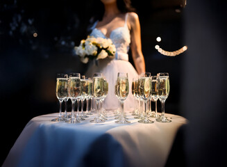 Poster - A bride stands with a bouquet in front of a table with champagne flutes, the perfect setup for a celebration.