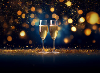 Poster - Two champagne flutes filled with bubbly against a dark blue background with golden sparkles.