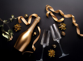 Poster - A golden bottle of champagne sits next to two champagne flutes and scattered gold bows and ribbons on a black background.