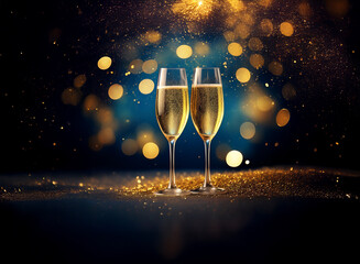 Poster - Two champagne flutes filled with sparkling wine sit on a dark surface with a gold glitter backdrop and blue and gold bokeh in the background.