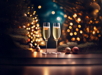 Poster - Two champagne flutes sit on a table with a blurred background of a decorated Christmas tree and twinkling lights.
