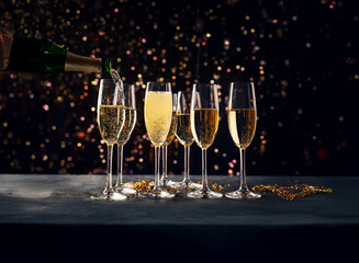 Fototapete - A bottle of champagne is being poured into a row of champagne flutes set against a sparkling background.