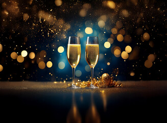 Poster - Two champagne flutes filled with sparkling wine are placed on a dark blue table with golden bokeh lights in the background.