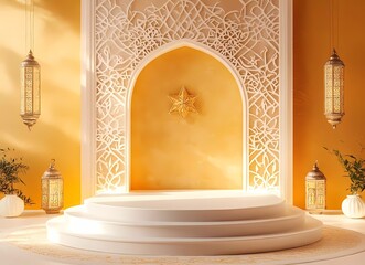 Leinwandbilder - A radiant golden background illuminates a white, elegant podium surrounded by simple Islamic patterns and lanterns with a star hanging on the wall.