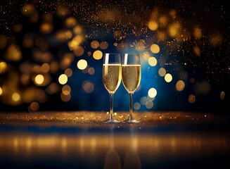 Poster - Two champagne flutes filled with sparkling wine sit on a table with a festive backdrop of gold and blue bokeh.