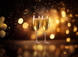 Poster - Two champagne flutes with golden liquid stand on a dark, reflective surface with a warm, festive bokeh background.