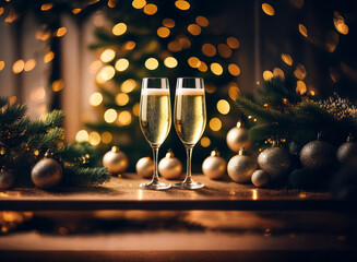 Poster - Two champagne flutes filled with bubbly stand on a table with sparkling ornaments and a blurred Christmas tree in the background.