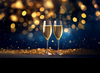 Poster - Two champagne flutes filled with bubbly sit against a shimmering blue and gold background.