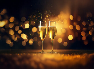 Poster - Two champagne flutes filled with sparkling wine stand against a warm, bokeh background.