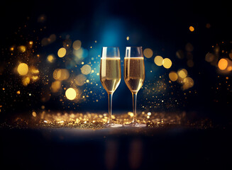 Poster - Two champagne flutes filled with bubbly stand on a table covered in gold glitter against a dark blue background with gold bokeh lights.