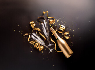 Poster - A golden bottle of champagne with two glasses sits atop a black background with gold confetti and ribbon.