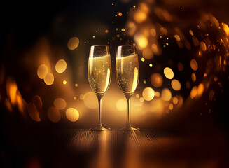 Poster - Two champagne flutes filled to the brim with sparkling wine, set against a backdrop of warm, blurry lights.