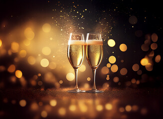 Poster - Two champagne flutes filled with bubbly, sparkling against a bokeh background.