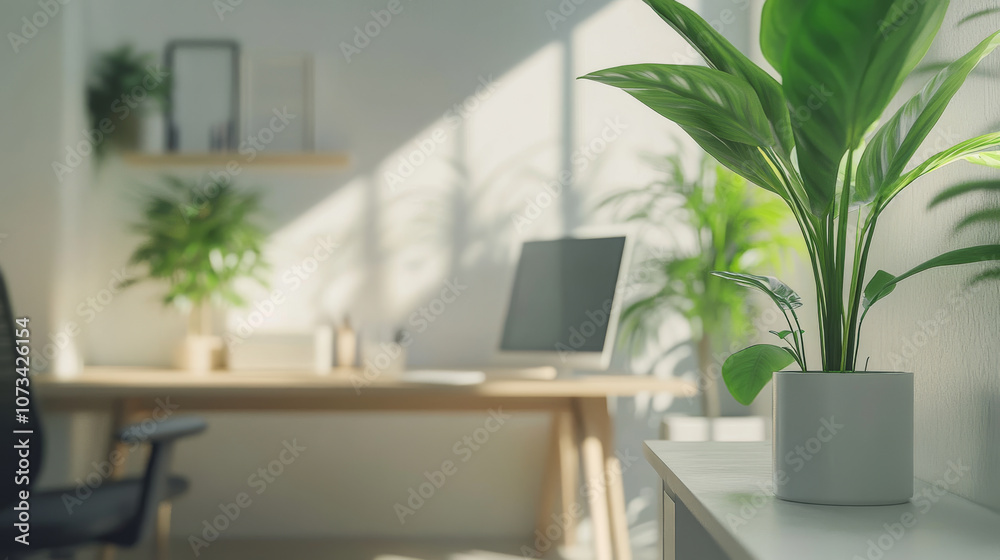 bright and modern office space featuring stylish desk, computer, and ...