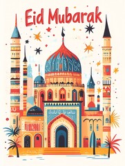 Poster - Eid Mubarak! This is a vector illustration of a mosque in a flat color background with the text 