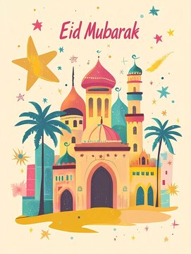 Eid Mubarak! This is a vector illustration of a mosque in a flat color background with the text 