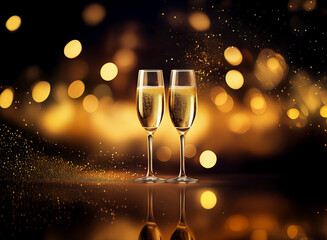 Poster - Two champagne flutes filled with bubbly are set against a shimmering backdrop of out-of-focus lights.