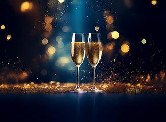 Poster - Two champagne flutes filled with sparkling wine sit on a table with gold glitter and a blue and gold bokeh background.