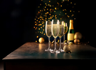Poster - Four champagne flutes filled with sparkling wine sit on a dark table with a bottle of champagne, gold ribbon, and ornaments.