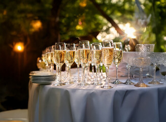 Poster - A table with a white tablecloth is set with champagne flutes, a bowl of ice, and plates. The table is outdoors in a garden with lush greenery.