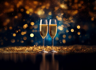 Poster - Two champagne flutes filled with sparkling wine sit on a surface covered in gold glitter.  A dark blue background with golden bokeh lights surrounds the flutes.