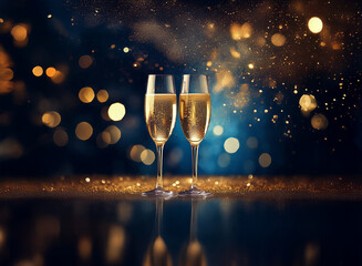 Poster - Two champagne flutes filled with sparkling wine against a dark blue background with golden bokeh.