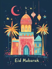 Poster - Vector flat color illustration of an Islamic mosque with stars and palm trees on a dark blue background, with the text 