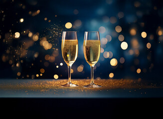 Poster - Two champagne flutes filled with bubbly stand on a dark surface scattered with gold glitter against a blue background with bokeh lights.