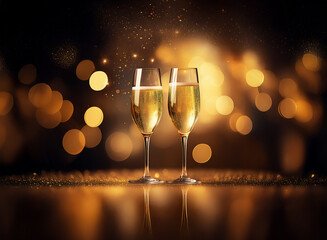 Poster - Two champagne flutes filled with bubbly stand on a dark, sparkling surface with golden bokeh lights in the background.