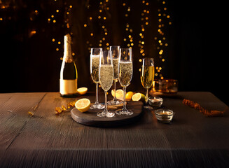 Poster - A celebratory table setting with a bottle of champagne and four filled champagne flutes, lemons, and festive decor.