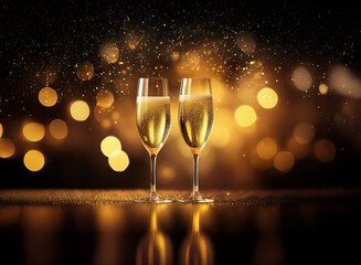 Poster - Two champagne flutes filled with sparkling wine sit on a reflective surface with an out-of-focus background of twinkling lights.