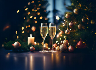 Poster - Two champagne flutes sit in front of a decorated Christmas tree with lights and ornaments.