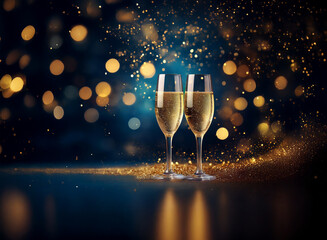 Poster - Two champagne flutes filled to the brim with bubbly are set on a table, surrounded by golden glitter and bokeh lights.