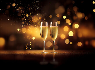 Poster - Two champagne flutes filled with sparkling wine stand side by side on a dark surface illuminated by a soft, golden glow.