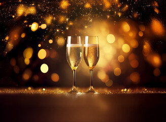 Poster - Two champagne flutes filled with bubbly stand on a shimmering surface against a backdrop of warm, golden bokeh.